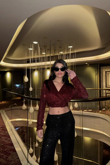 PULLU CROP KRUVAZE BLUZ - Bordo resmi